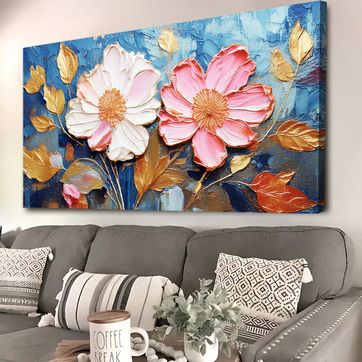 Golden petals impasto canvas wall art with textured painterly golden flower composition
