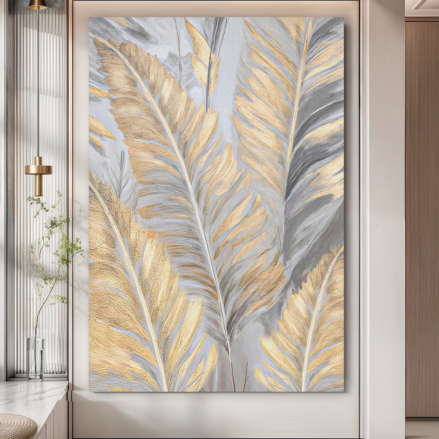 Luxury gold and silver leaf canvas wall art — metallic botanical decor, gallery-wrapped