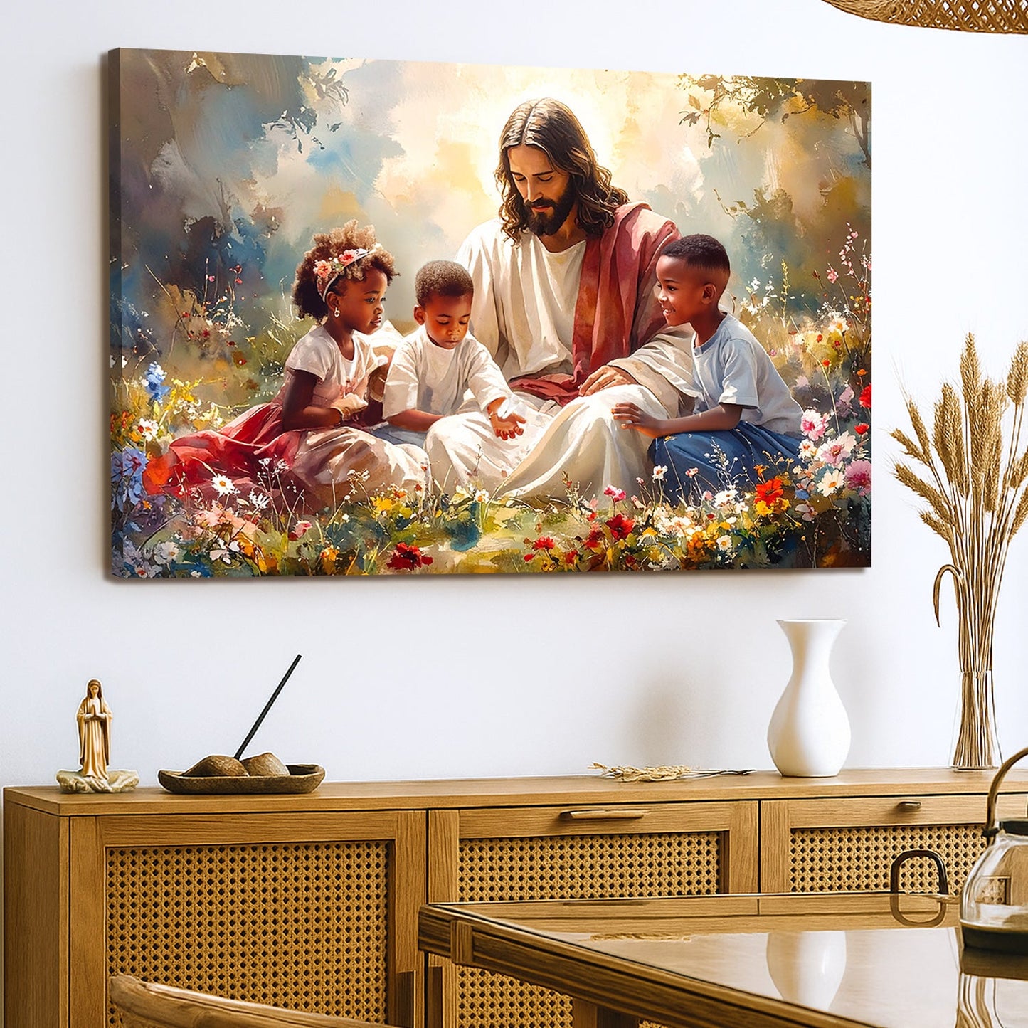 Jesus with children devotional canvas art - made in USA UV-resistant ink
