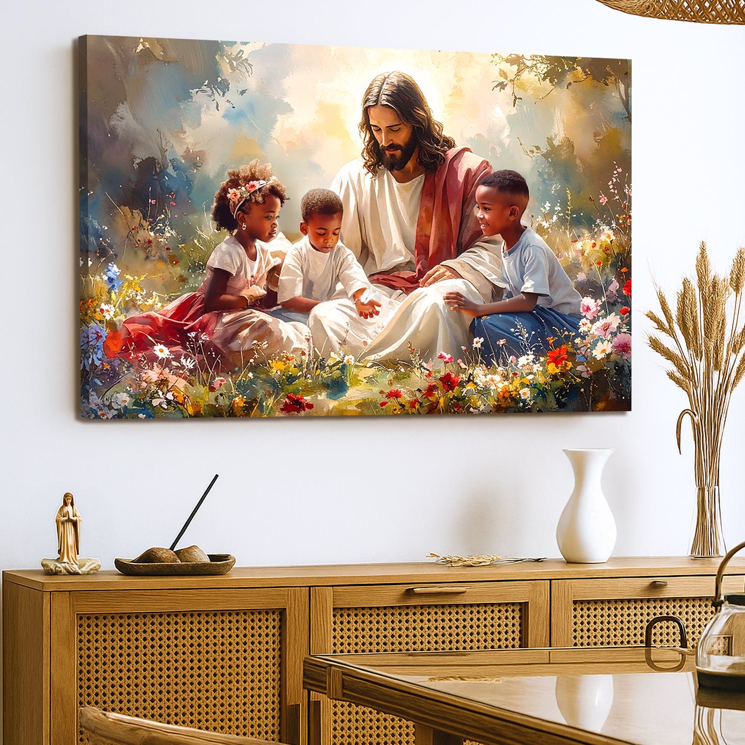 Jesus with children devotional canvas art - made in USA UV-resistant ink