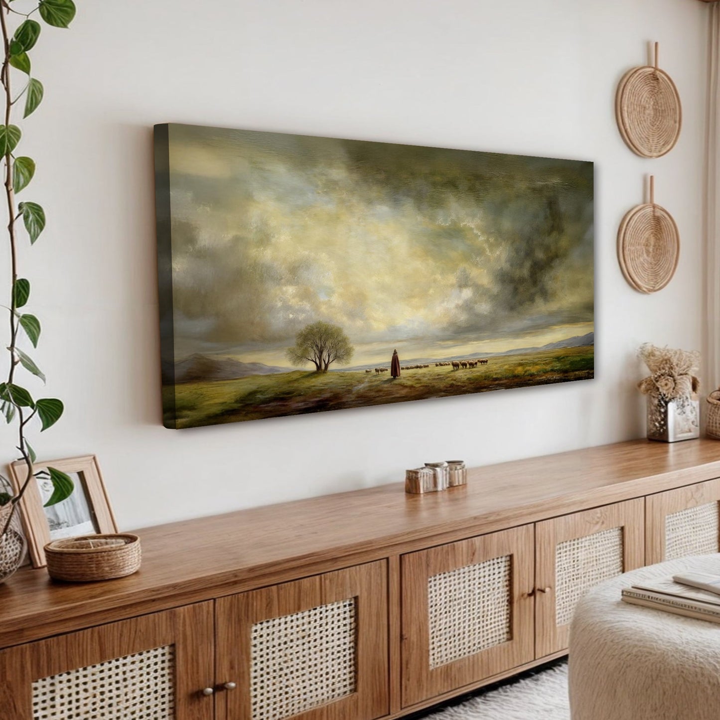 The Good Shepherd faith canvas wall art with a warm peaceful scene, ready to hang