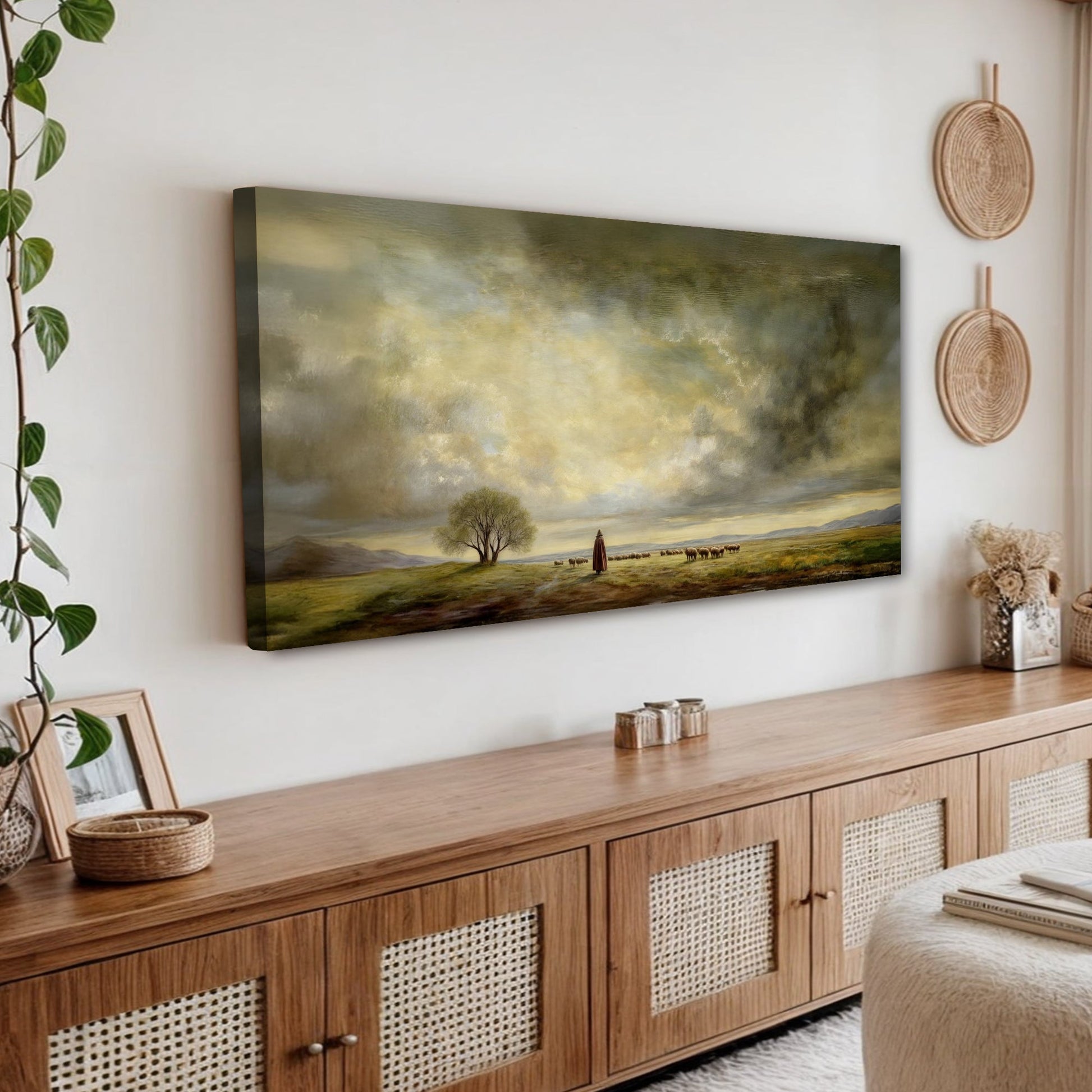 The Good Shepherd faith canvas wall art with a warm peaceful scene, ready to hang