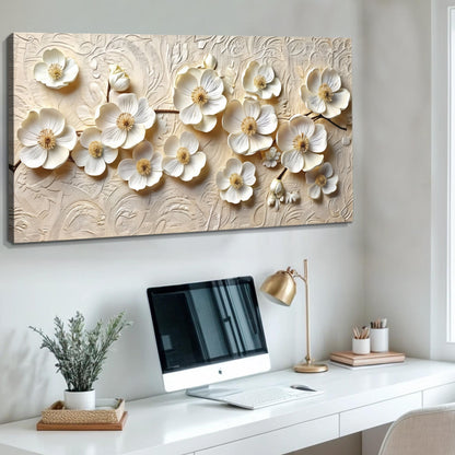 White Blossom Serenade floral canvas wall art in soft pale tones, ready to hang