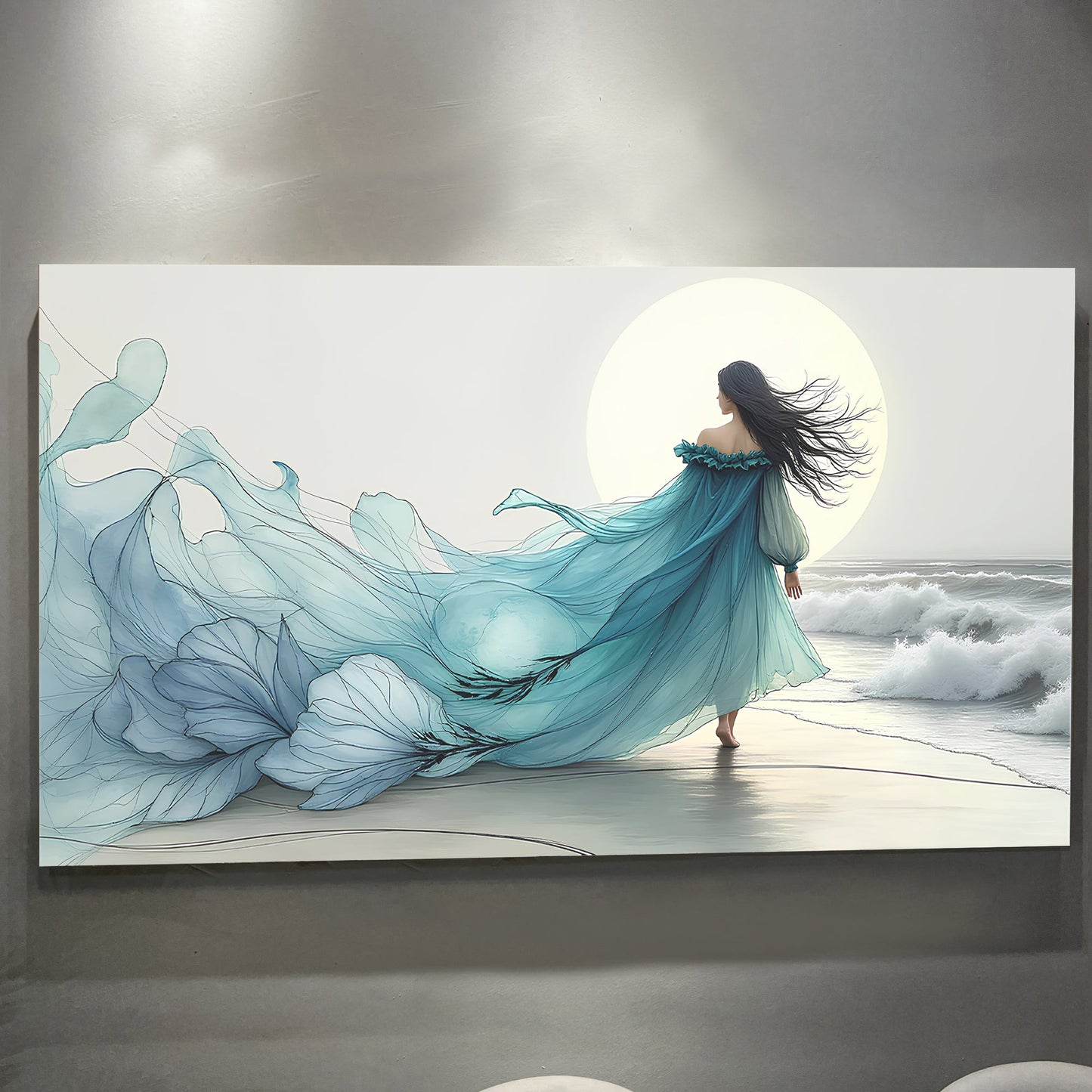 Swirling Winds by the Ocean abstract canvas wall art with soft coastal movement, ready to hang