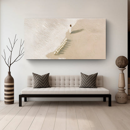White flock of sheep crossing a cream field, canvas printed with the look of sculpted plaster