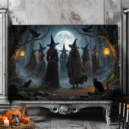 Canvas wall art of a coven of witches in pointed hats in a dark moonlit forest with a black cat