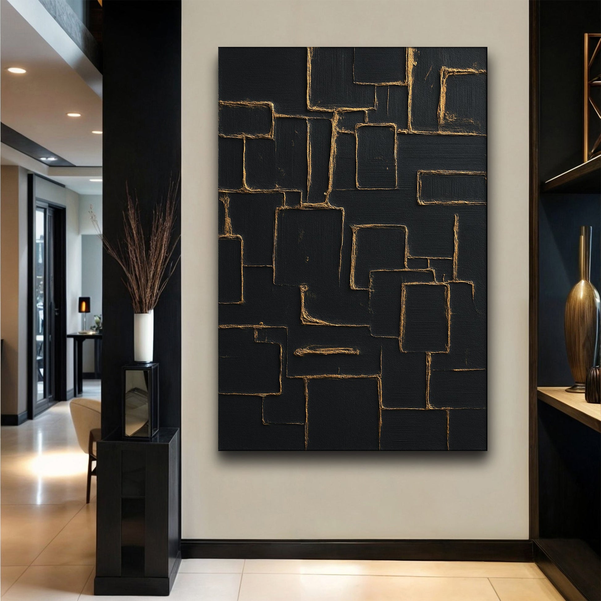 Contemporary black and gold canvas wall art with luxurious glam modern design