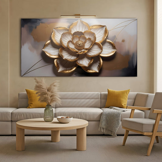 Panoramic canvas of a white and gold lotus bloom on a dark blue-grey background