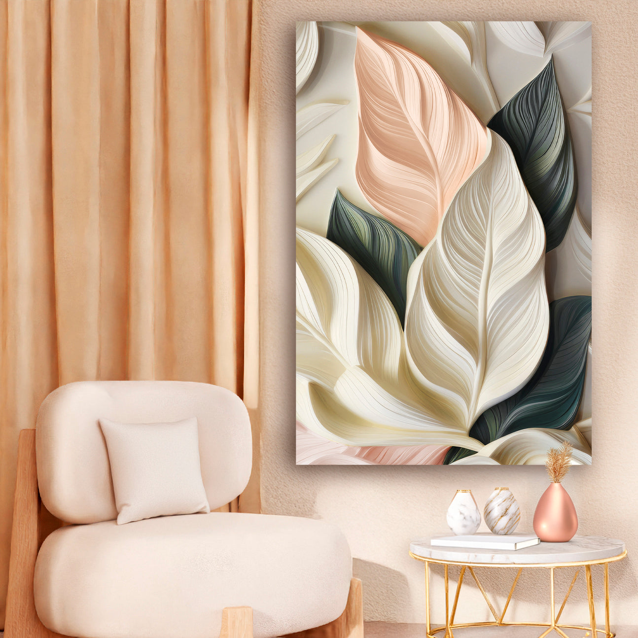 Elegant 3D pastel leaf botanical canvas wall art in soft light tones