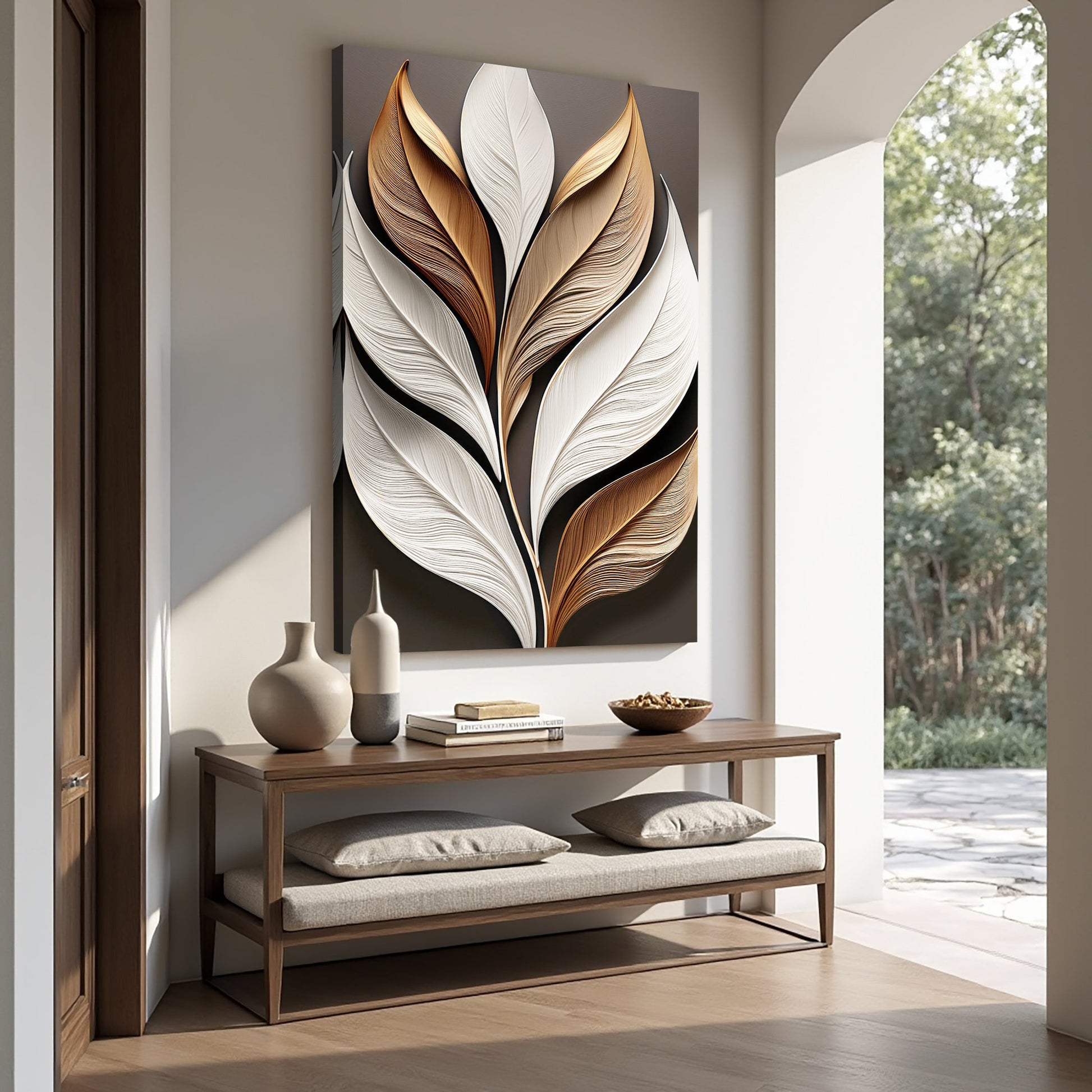 Elegant 3D leaf botanical canvas wall art with sculptural depth