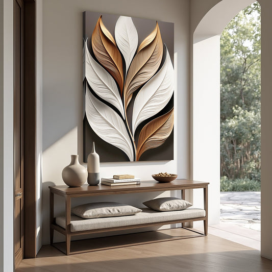 Elegant 3D leaf botanical canvas wall art with sculptural depth