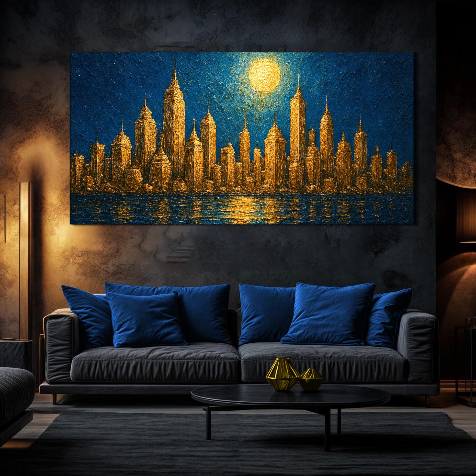 Golden metropolis cityscape impasto canvas with textured gold city scene at dusk