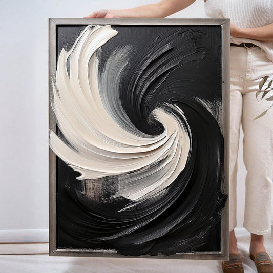 Black and white vortex abstract canvas wall art with dramatic swirling geometric pattern