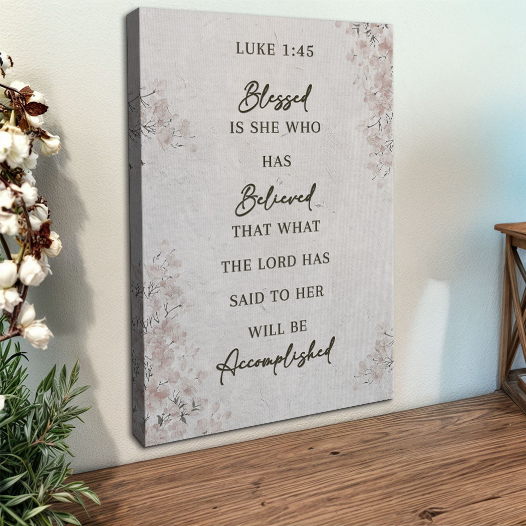 Blessed is she Luke 1:45 faith canvas wall art with scripture design for women
