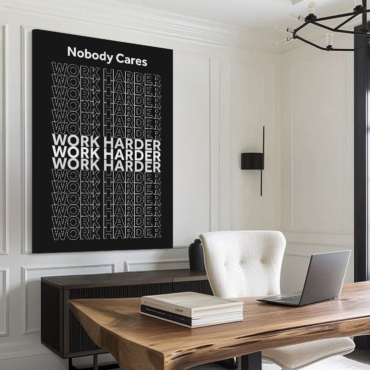 Work harder motivational canvas wall sign with bold direct lettering, office gym decor