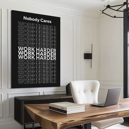 Work harder motivational canvas wall sign with bold direct lettering, office gym decor