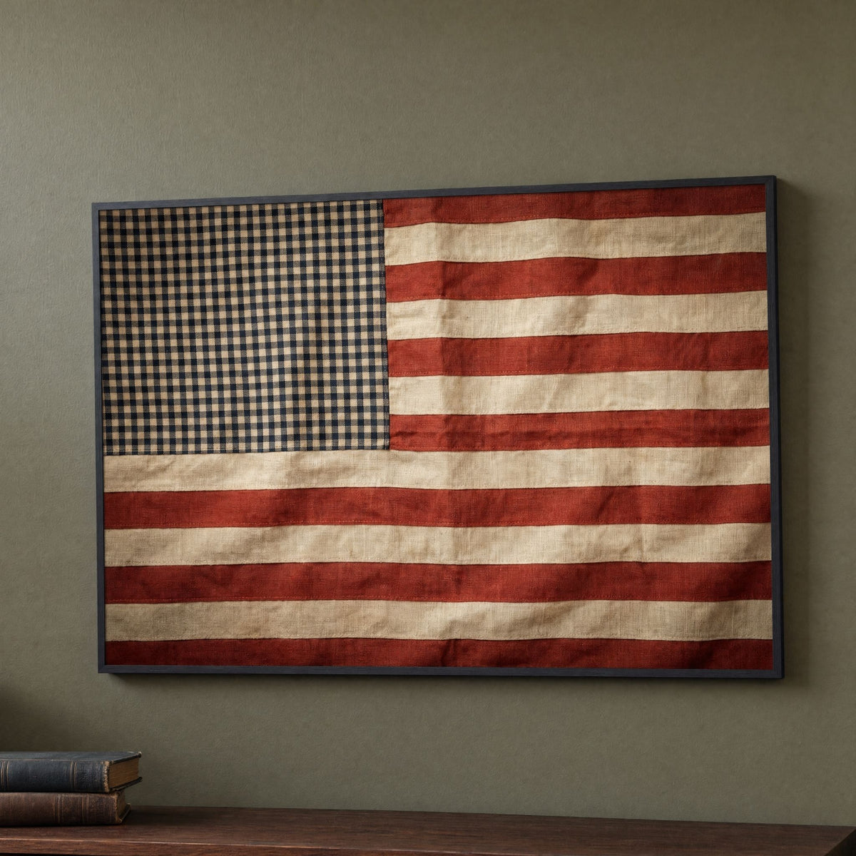 Vintage American flag print with a navy gingham canton in a black frame, hung on a deep olive wall above a walnut console
