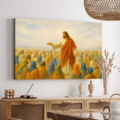 Jesus in an orange robe speaking to a crowd in a field of warm painterly color, canvas wall art