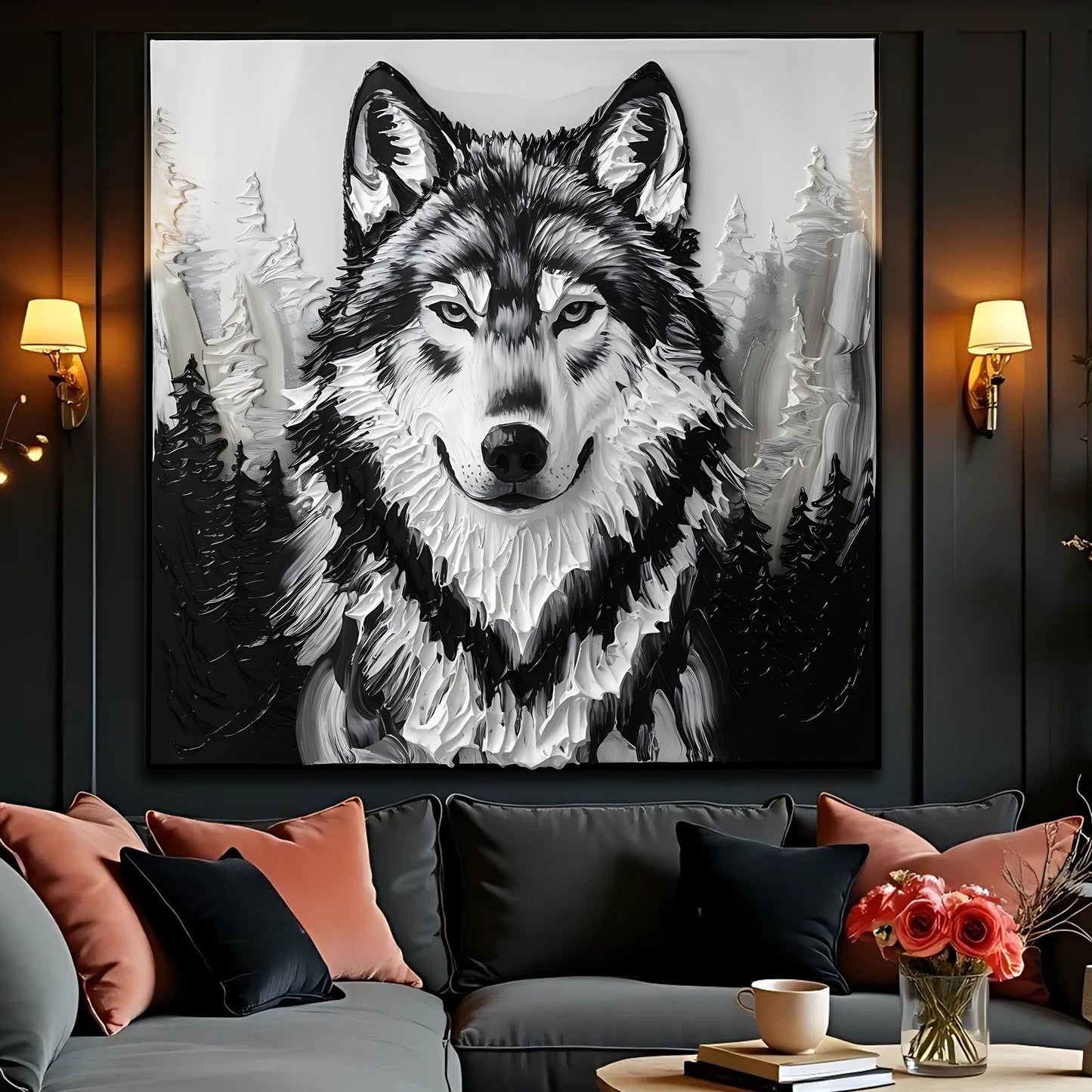3D wolf square canvas wall art with layered detail