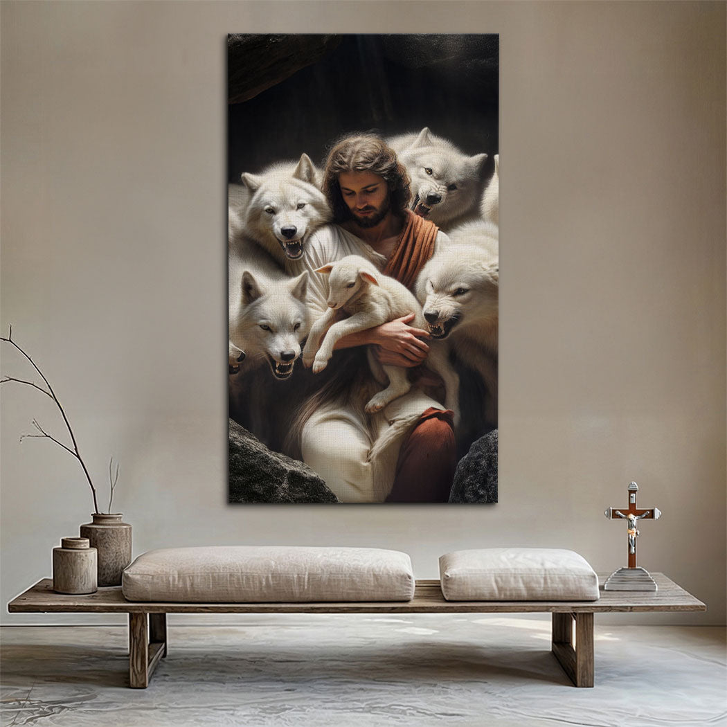 Jesus protects the lamb from wolves faith canvas in wide panoramic format
