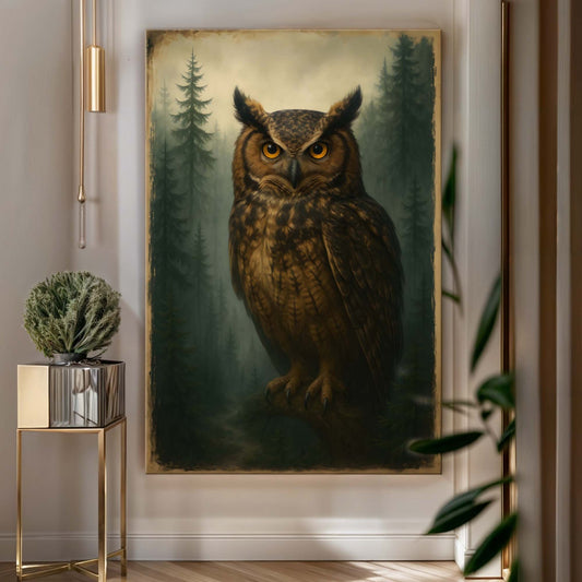Watcher of the woods owl canvas wall art, atmospheric wildlife owl portrait on gallery canvas