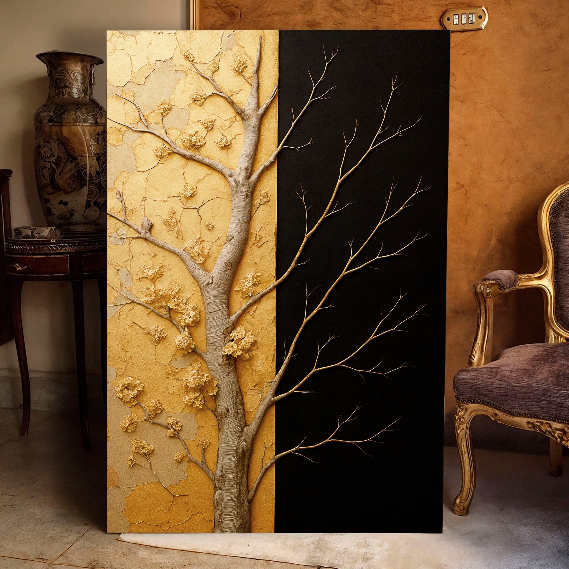 Golden eclipse abstract canvas wall art with layered circular geometric shapes in gold tones