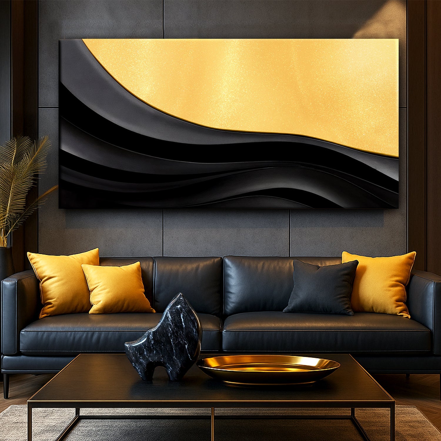 Black and gold minimalist abstract panoramic canvas wall art