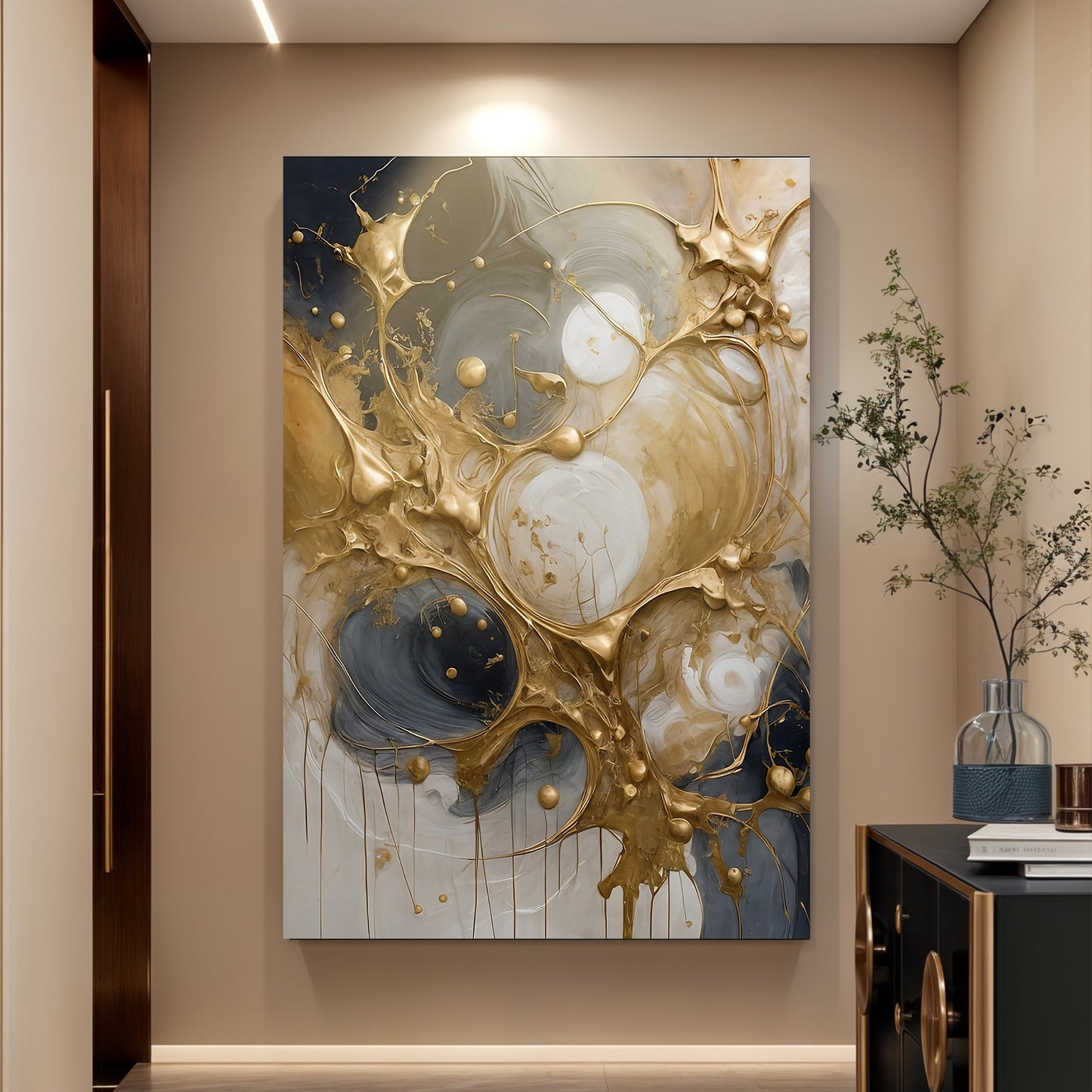 Black and gold splash abstract canvas wall art with expressive ink texture