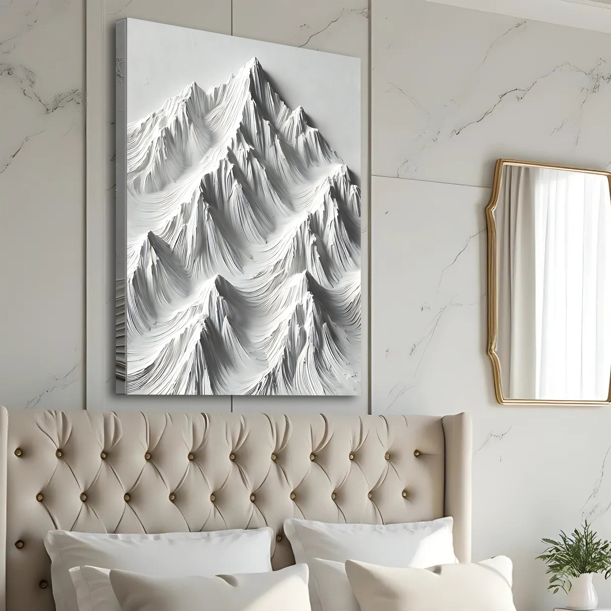 White mountain landscape canvas wall art with snow-capped peaks and open sky