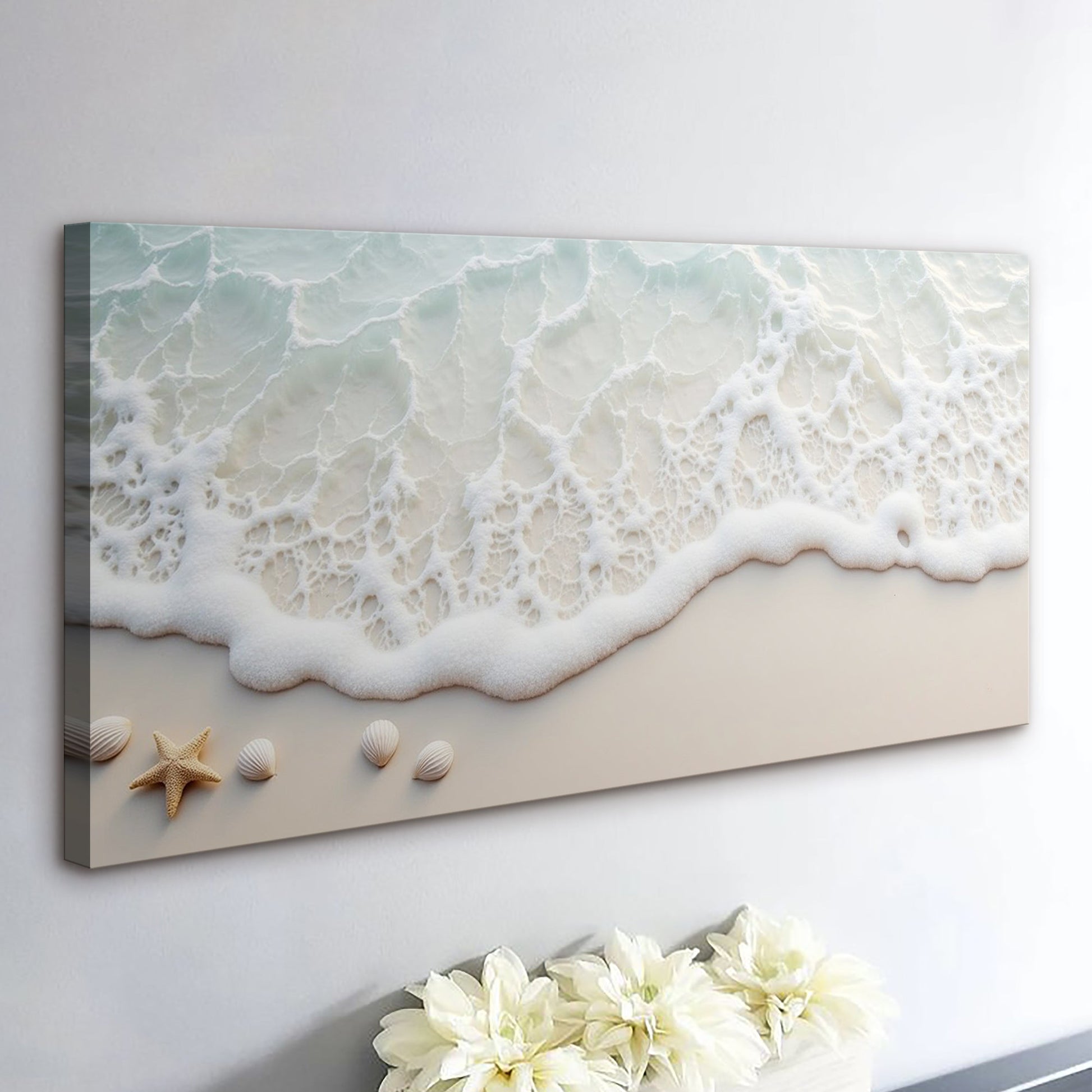 Serene ocean wave coastal canvas artwork in cool blue tones, ready to hang