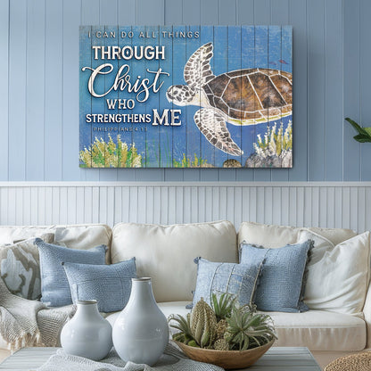 Philippians 4:13 Swimming Sea Turtle Blue Plank-Look canvas shown in a styled room setting, view 2