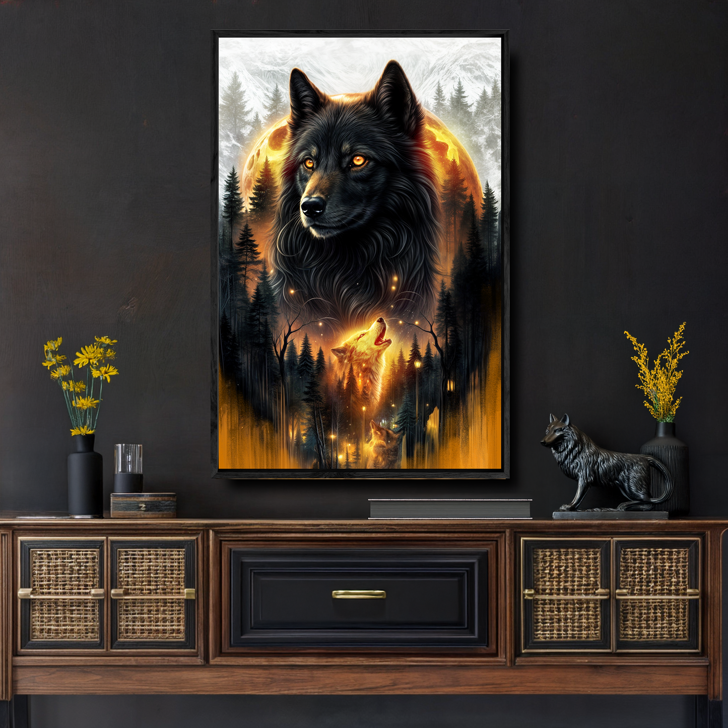 Eclipse of the Alpha Wolf dramatic canvas wall art - bold wildlife art
