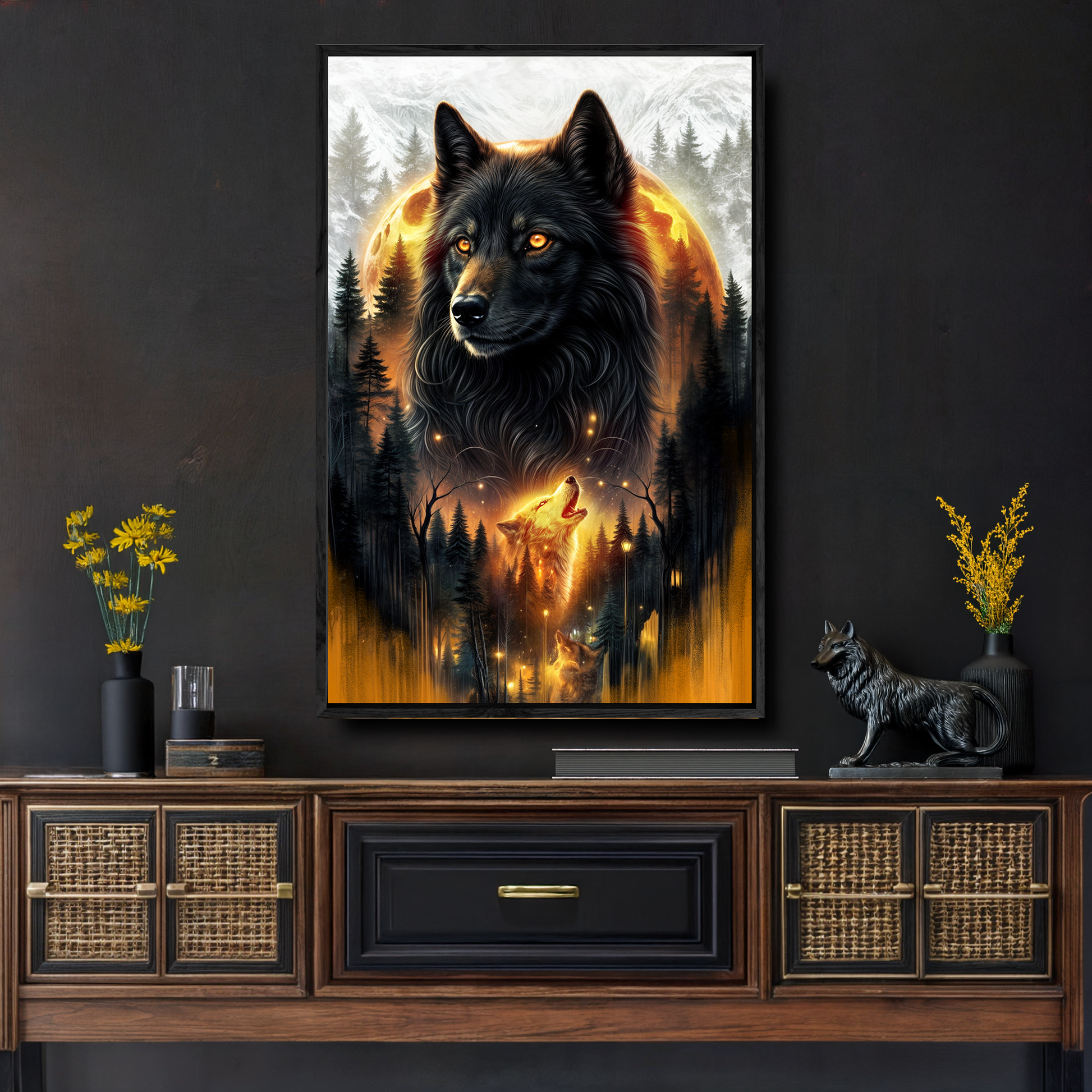 Eclipse of the Alpha Wolf dramatic canvas wall art - bold wildlife art