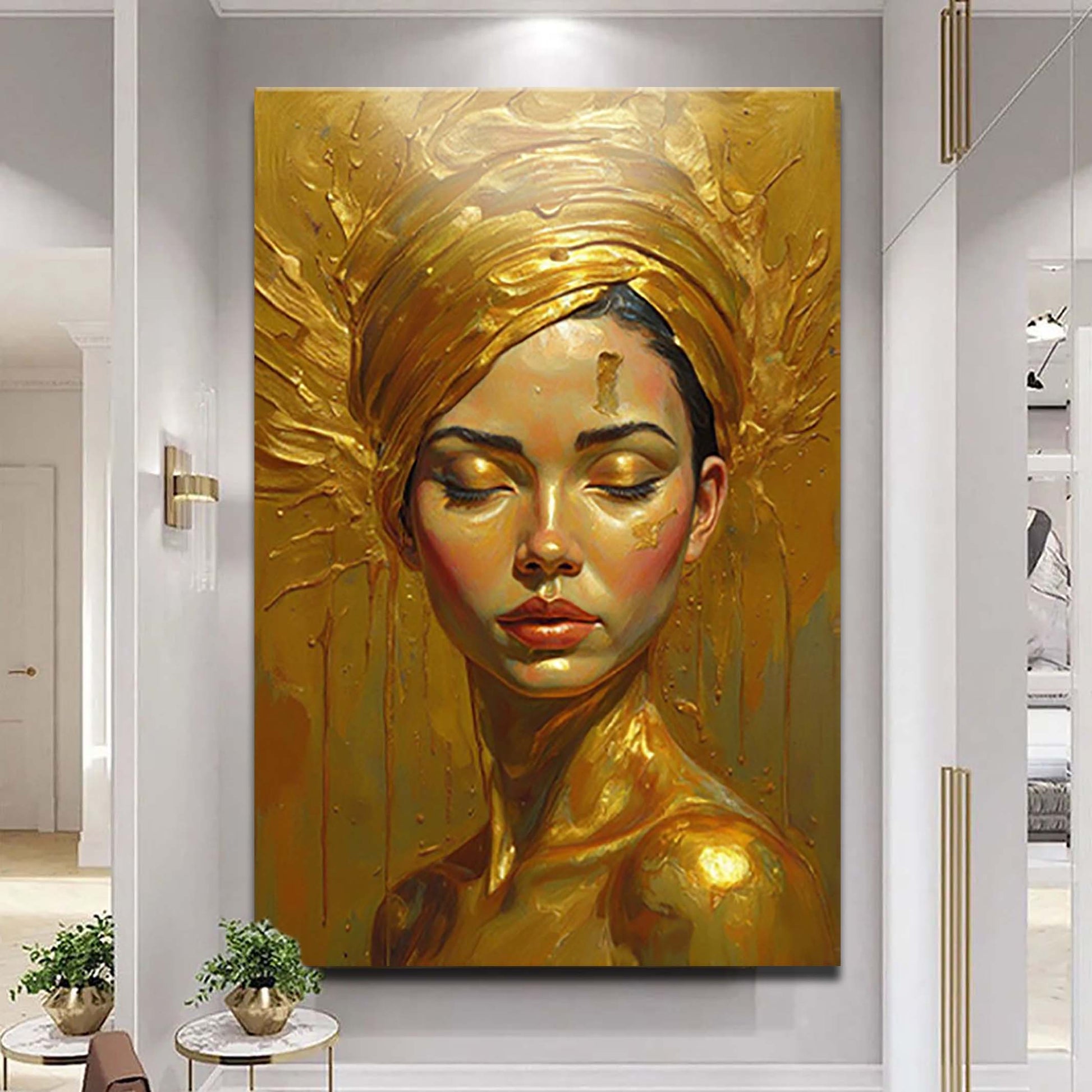 Woman's golden serenity canvas wall art with warm gold tones and serene feminine form