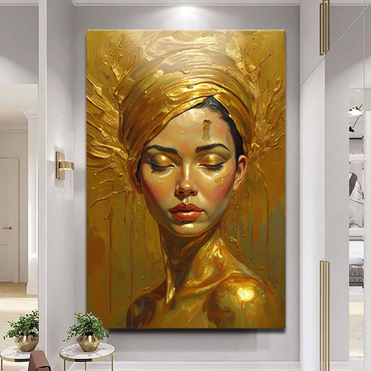 Woman's golden serenity canvas wall art with warm gold tones and serene feminine form