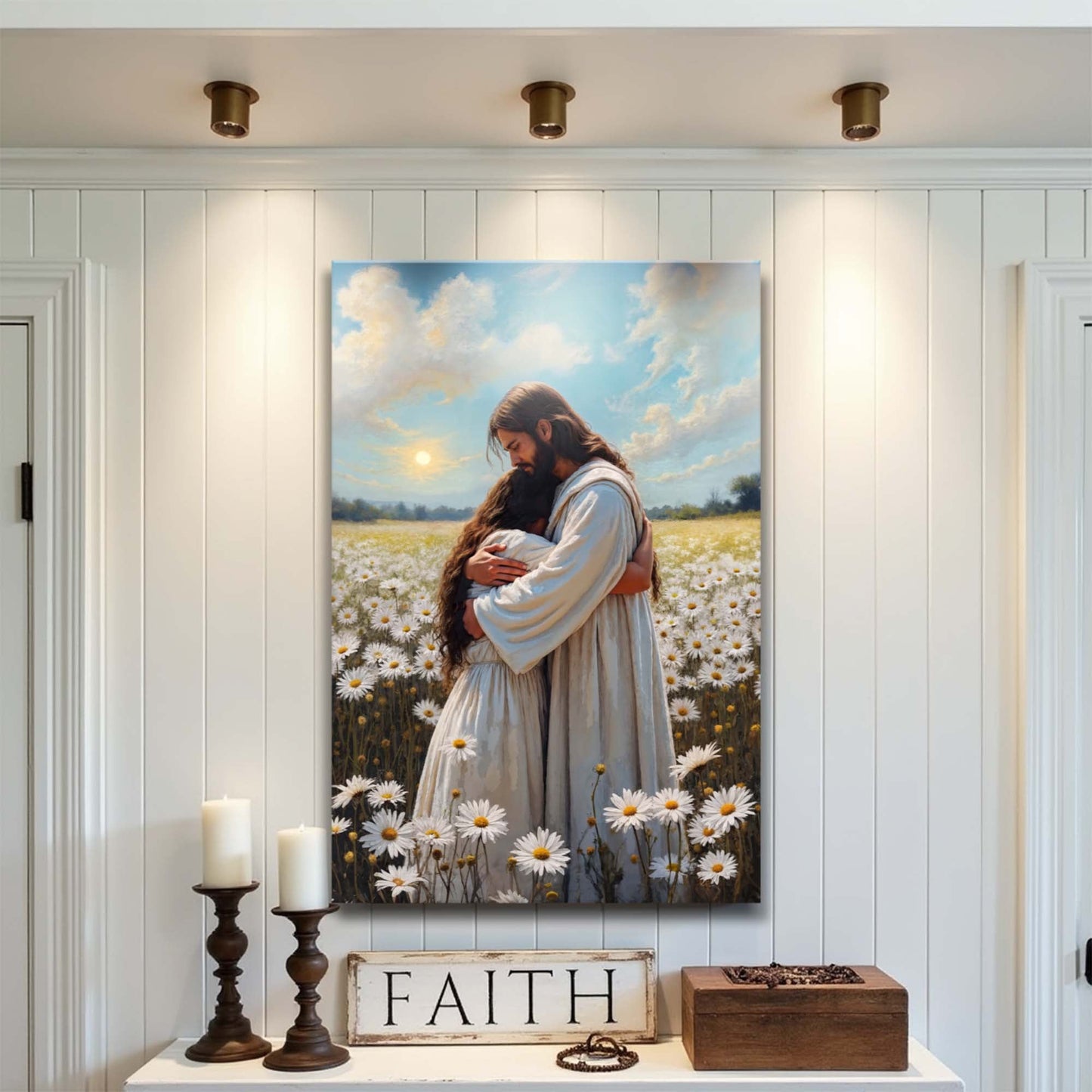 Jesus hugging woman faith canvas wall art with comforting spiritual imagery