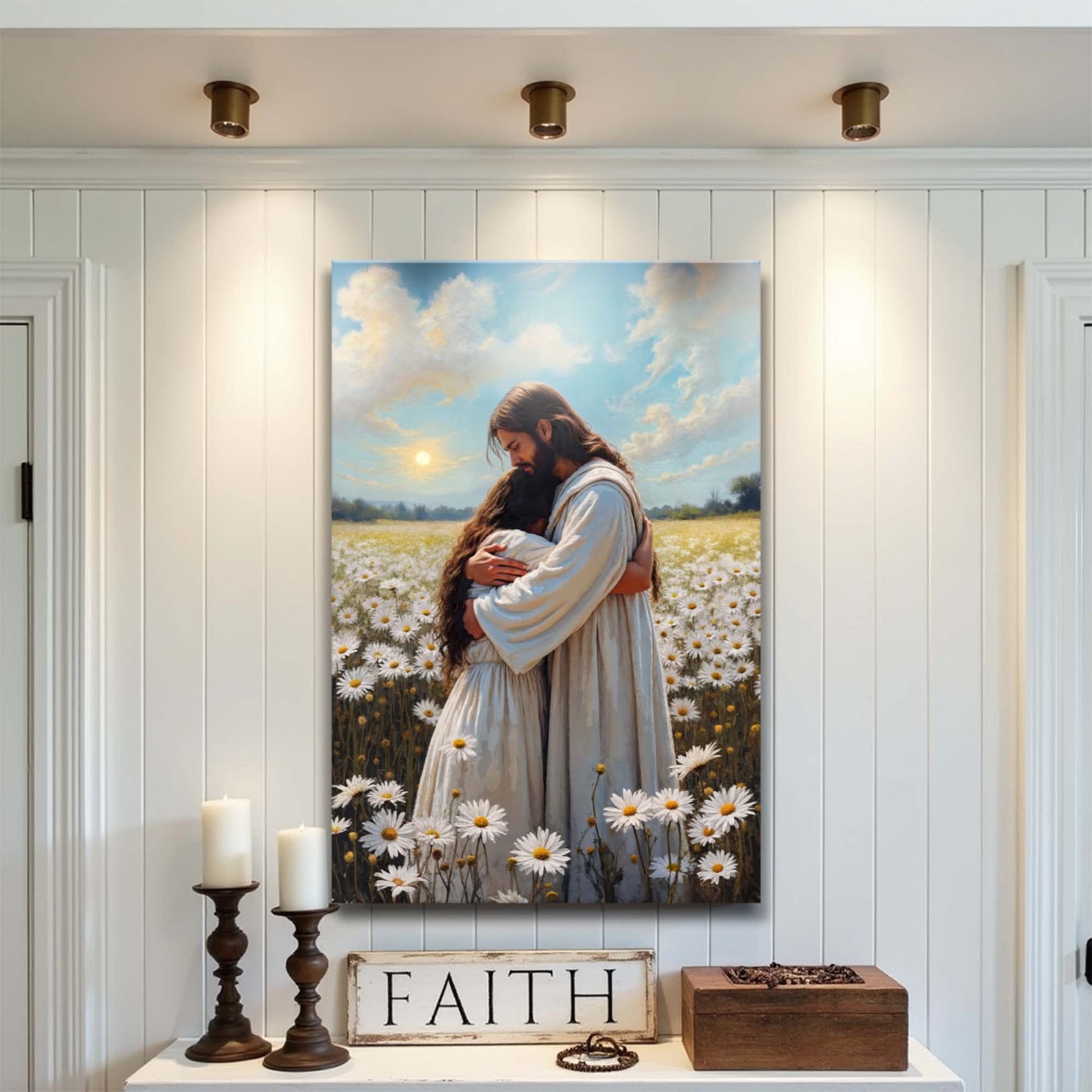 Jesus hugging woman faith canvas wall art with comforting spiritual imagery