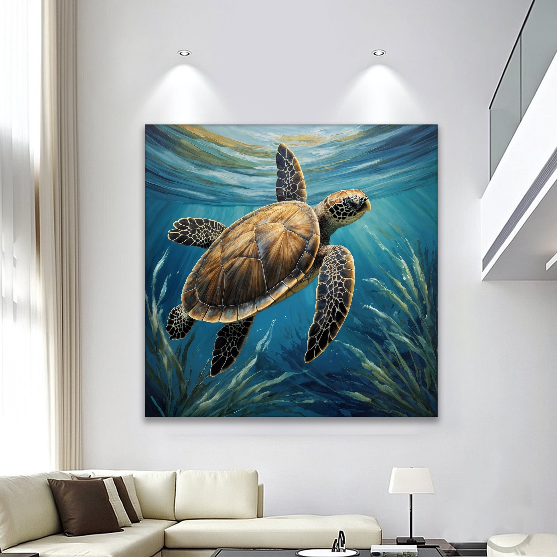 Turtle in seagrass coastal canvas wall art - sea turtle ocean decor