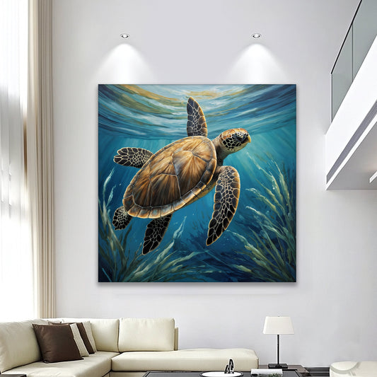 Turtle in seagrass coastal canvas wall art - sea turtle ocean decor