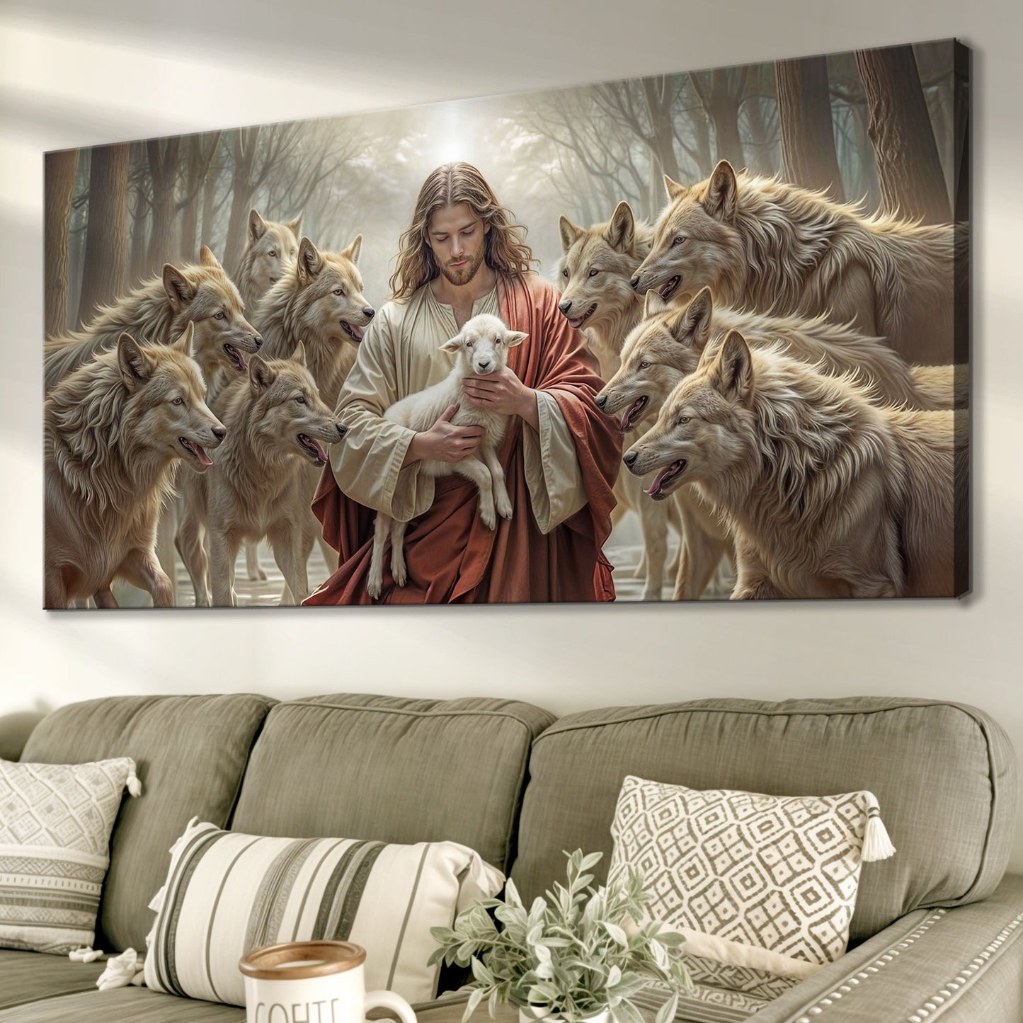 Good Shepherd protects lamb canvas wall art with wolf and sheep biblical scene
