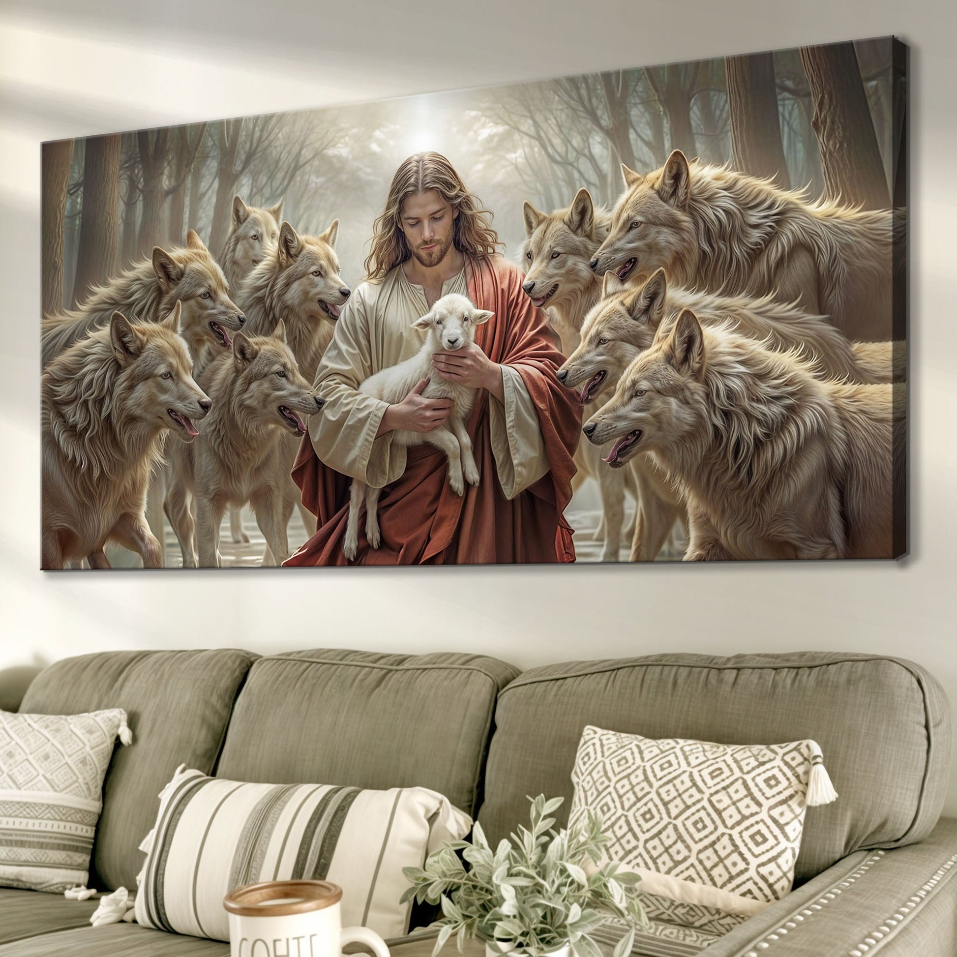 Good Shepherd protects lamb canvas wall art with wolf and sheep biblical scene