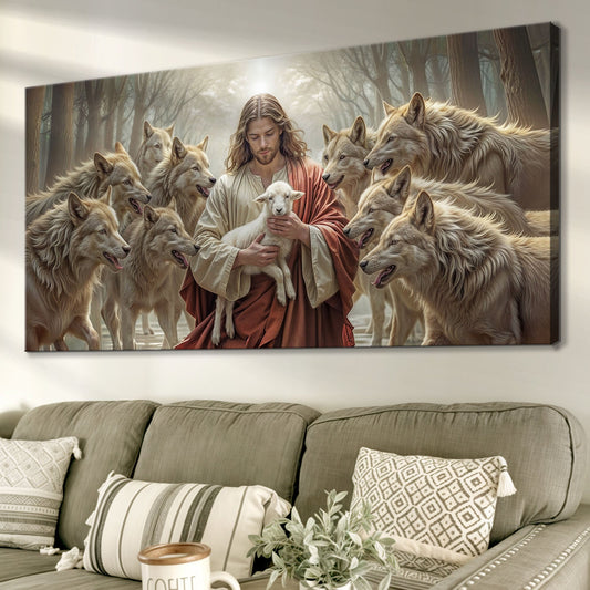 Good Shepherd protects lamb canvas wall art with wolf and sheep biblical scene