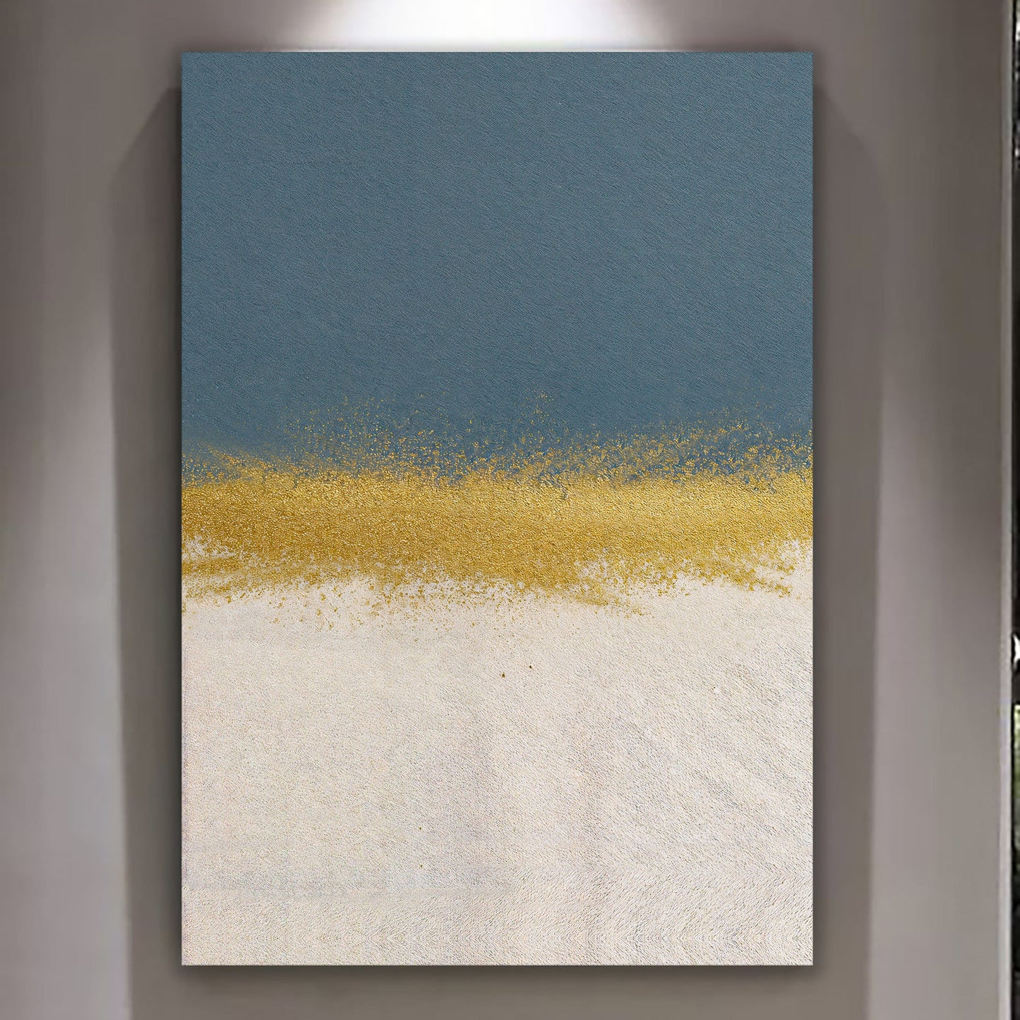 Minimalist blue and gold abstract canvas wall art — modern sleek wall decor gallery wrapped