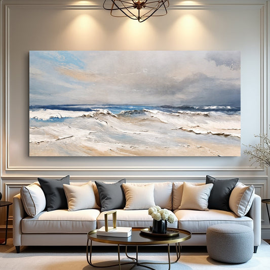 Serene ocean wave coastal canvas wall art in soft blue tones, ready to hang