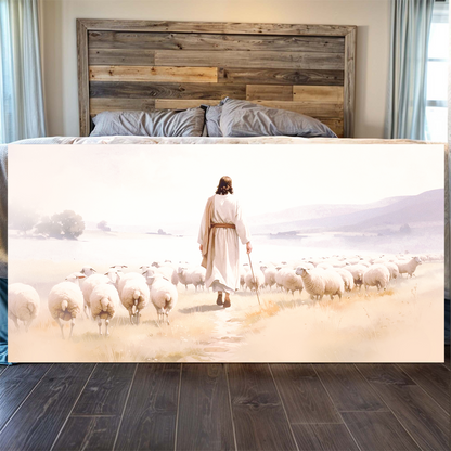 Jesus Leading White Sheep Pink Light canvas shown in a styled room setting, view 3