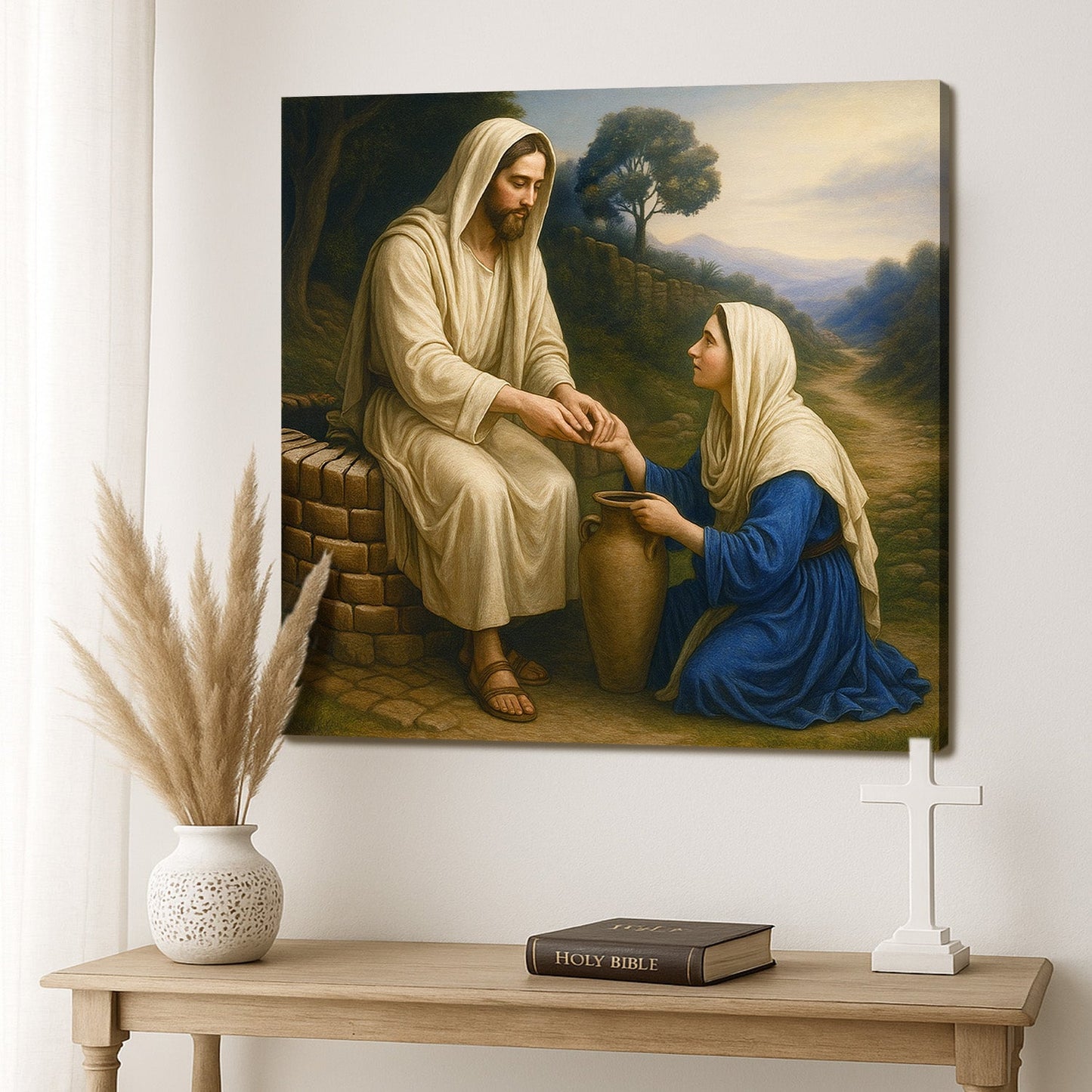 Samaritan at the Well faith canvas wall art with rich biblical scriptural scene depicting compassion