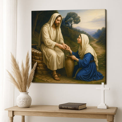 Samaritan at the Well faith canvas wall art with rich biblical scriptural scene depicting compassion