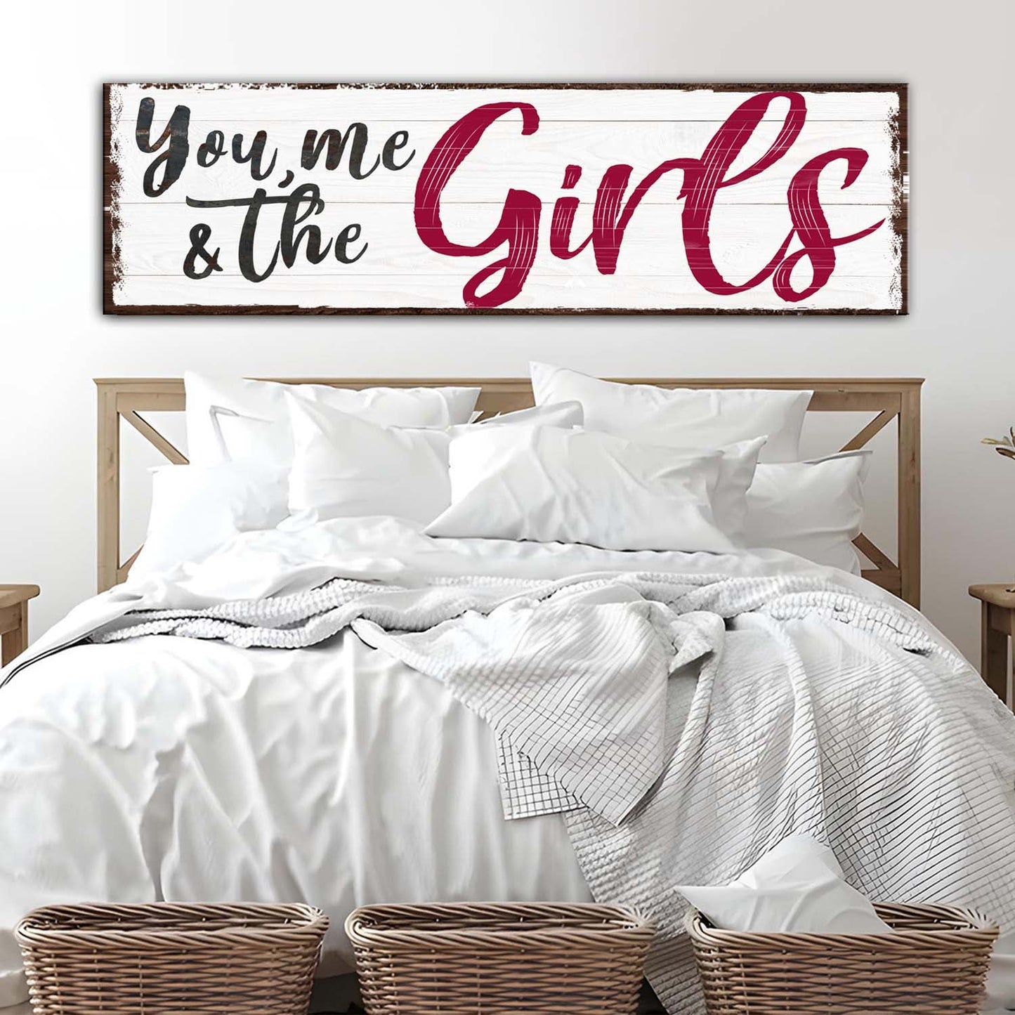 You Me and the Girls rustic canvas wall art in vertical format for bedrooms and hallways