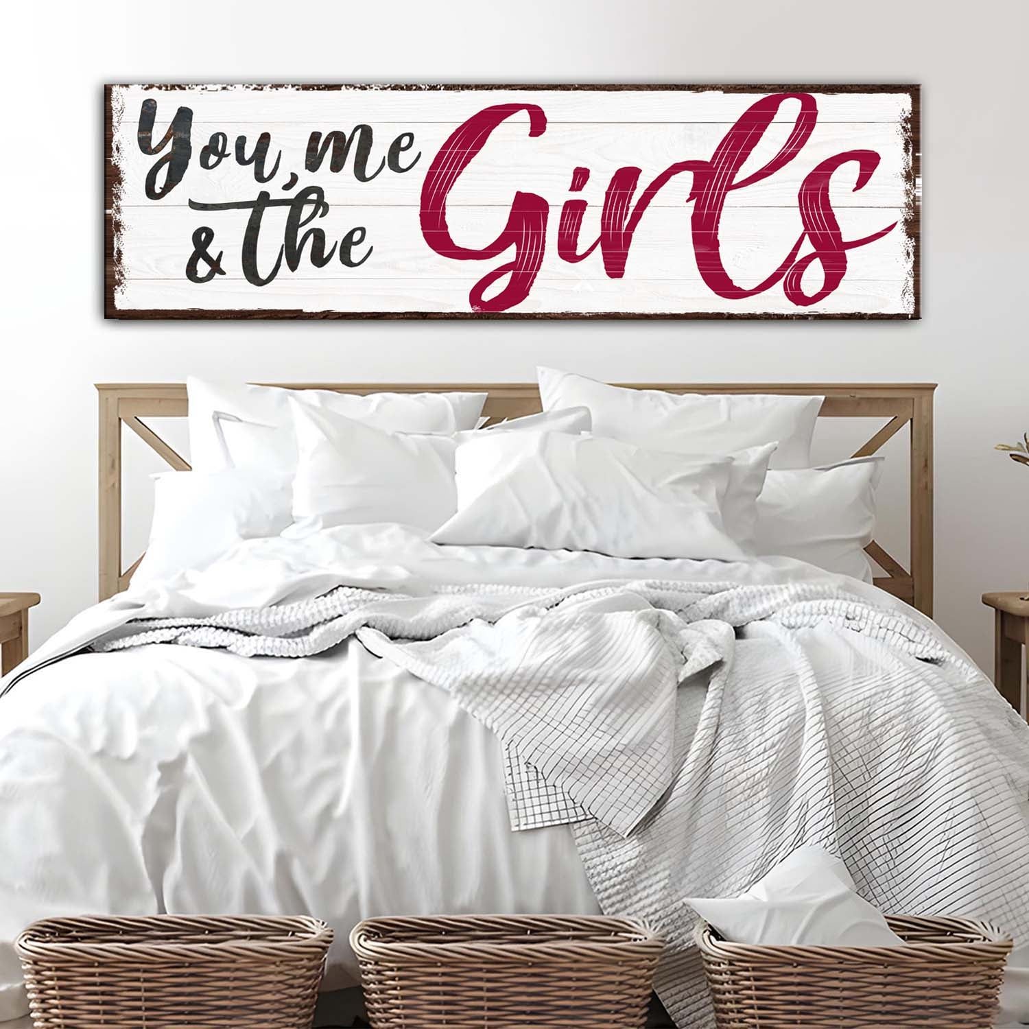You Me and the Girls rustic canvas wall art in vertical format for bedrooms and hallways