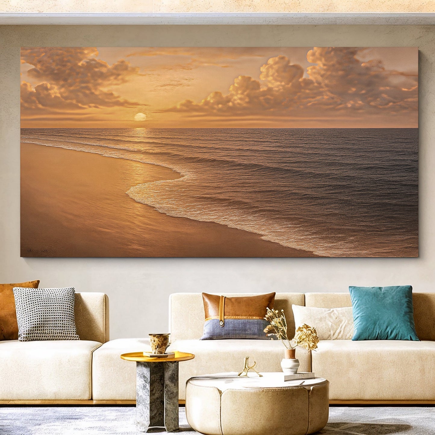Beach shoreline coastal scene with open sky and calm surf — wide canvas wall art